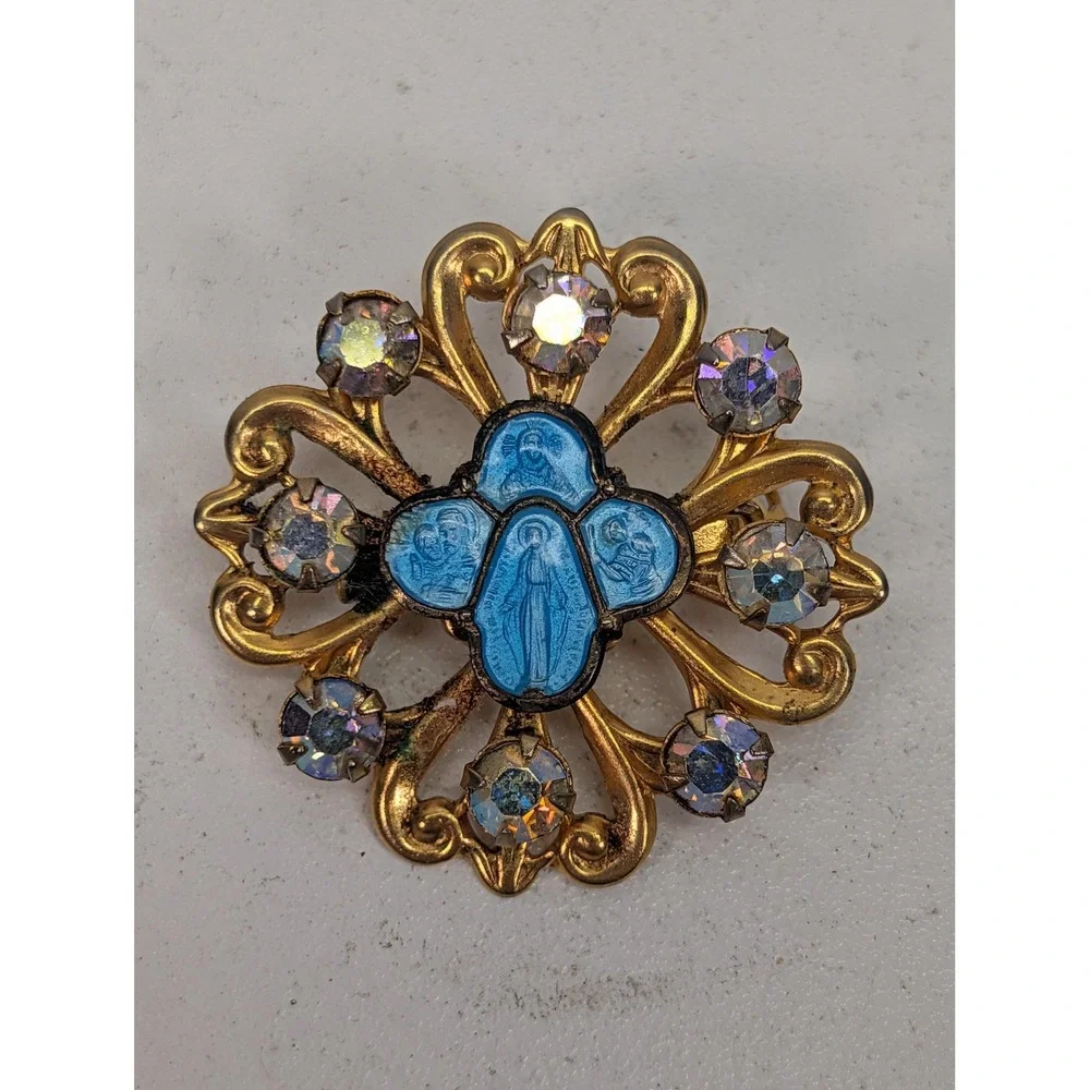 Vintage Religious Brooch Gold Tone Blue Enamel Aurora Borealis Rhinestone Pin